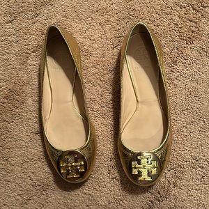 Tory Burch Reva leather ballet flats gold with gold metallic logo